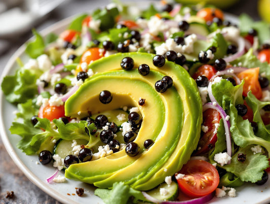 Mediterranean avocado in salad with heirloom tomatoes, fresh mozzarella, and Sticky Balsamic pearls beautifully plated on white serving dish