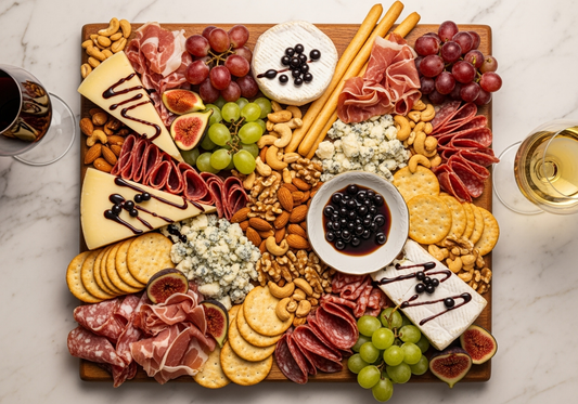 Elegant charcuterie board with artisanal cheeses, cured meats, and dried fruits, featuring Sticky Balsamic Fig Pearls drizzled over cheese and served in a small bowl, accompanied by wine glasses on a marble surface