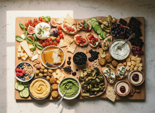 Large modern charcuterie board with fresh vegetables, cheeses, dips, crackers, fruit, honeycomb, falafel, bruschetta, chocolate, and mini desserts, showcasing a colourful, contemporary grazing spread for entertaining.