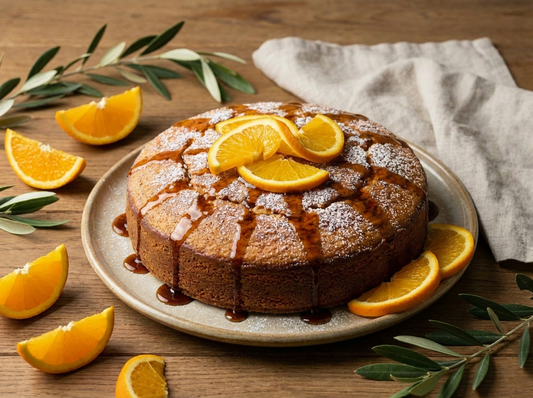 A golden, rustic olive oil cake topped with thick, glossy dark orange balsamic syrup, garnished with fresh orange segments and a dusting of icing sugar.