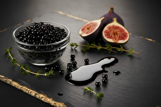 balsamic pearls with fig. balsamic pearls on a dark table with some in a plastic container