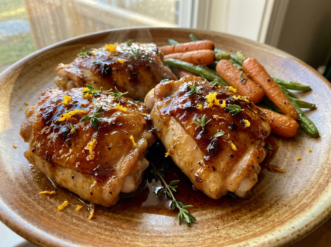 Close-up, hyper-realistic photo of golden, juicy chicken thighs glazed with a glossy orange balsamic sauce.