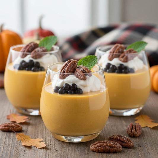 Creamy pumpkin panna cotta in clear glass topped with balsamic pearls, whipped cream, candied pecans and mint leaf