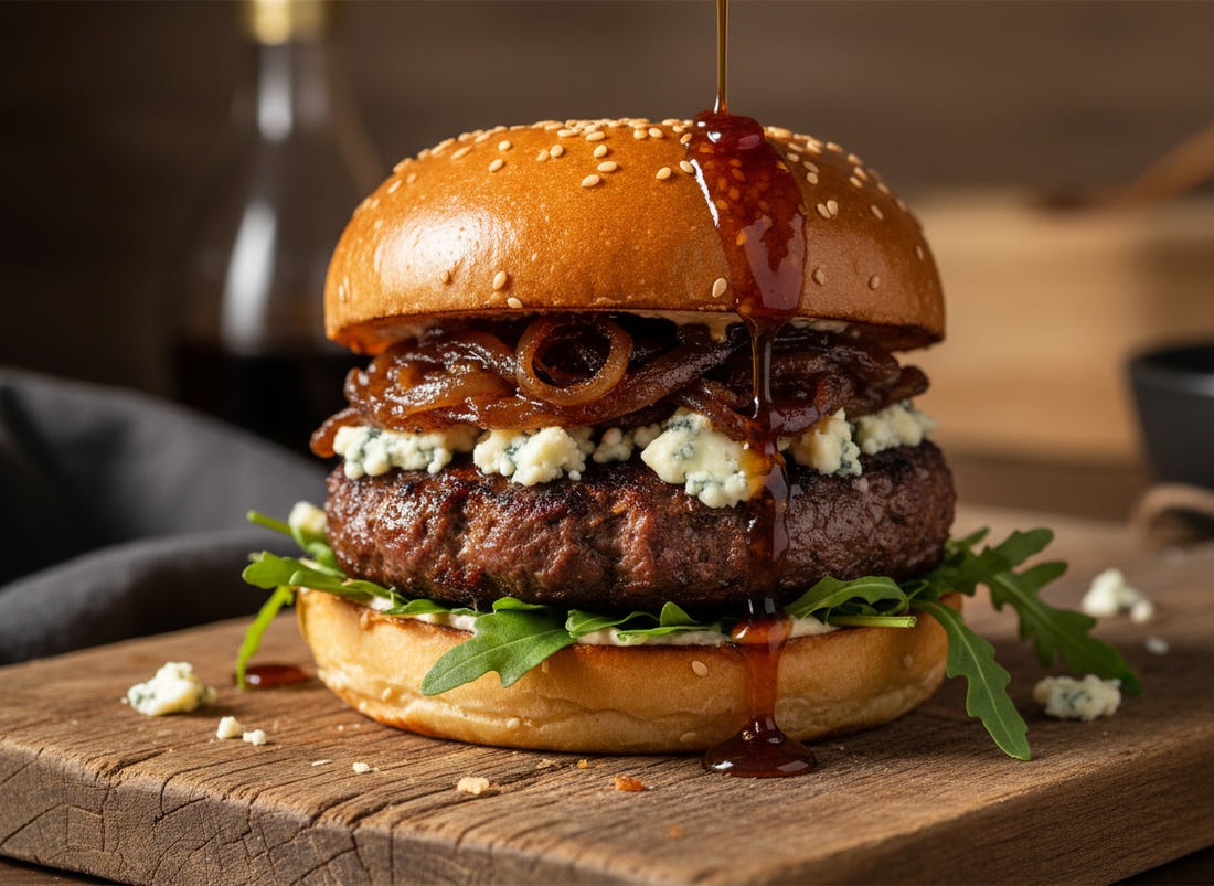 Gourmet burger with blue cheese, caramelized onions, rocket, and quince balsamic drizzle.