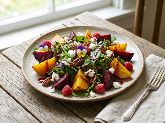 A colourful salad featuring a bed of mixed greens topped with roasted beetroot chunks, creamy goat cheese, and crunchy pecans. The salad is finished with a generous drizzle of glossy Sticky Balsamic Raspberry, creating a vibrant, gourmet presentation.