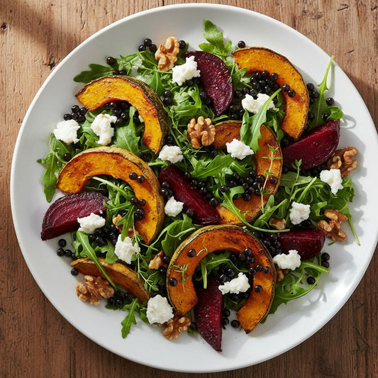 Summer salad with sticky balsamic pearls on a white plate which is on a wooden bench.