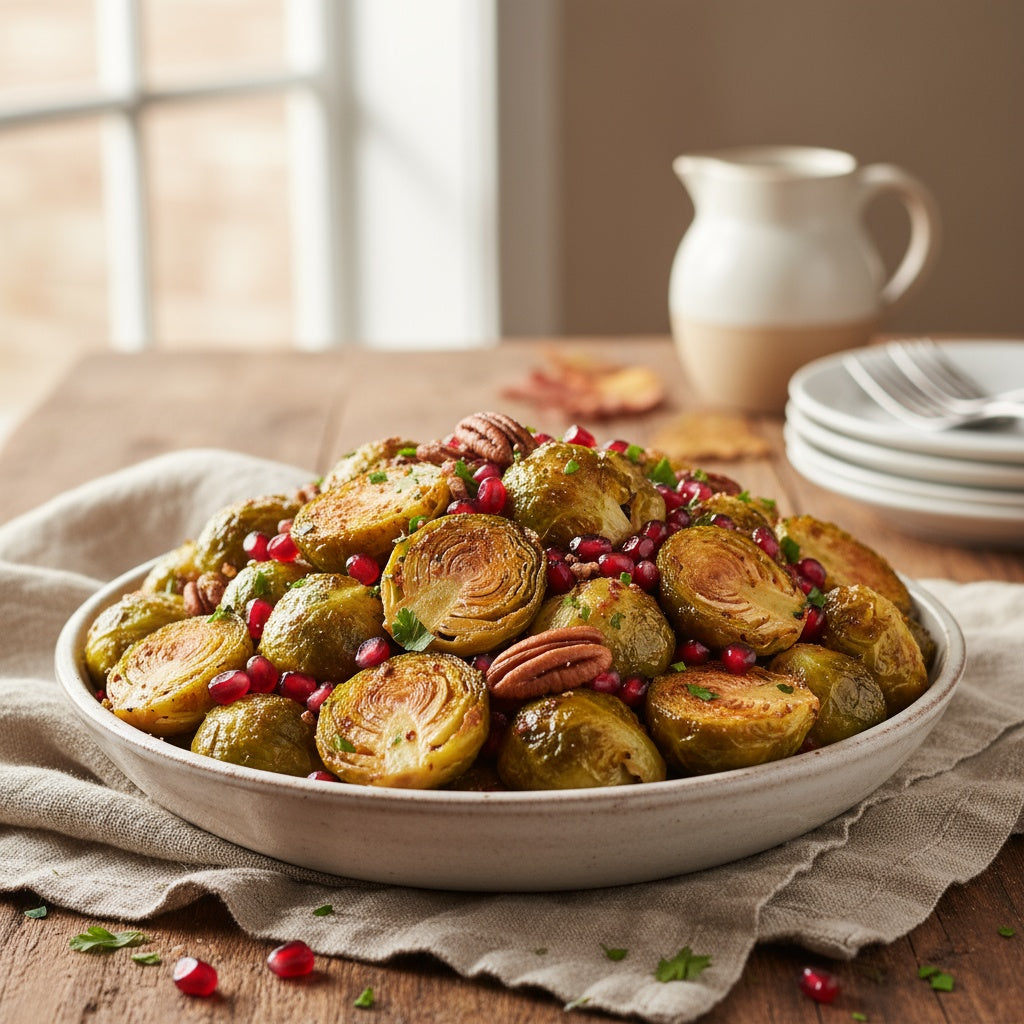 Crispy roasted Brussels sprouts in white bowl with pomegranate balsamic pearls, toasted pecans, fresh pomegranate seeds and parsley
