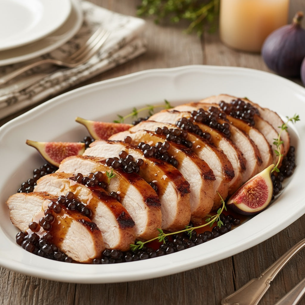 Sliced roasted turkey breast glazed with fig balsamic sauce topped with dark balsamic pearls, fresh thyme and quartered figs on white platter