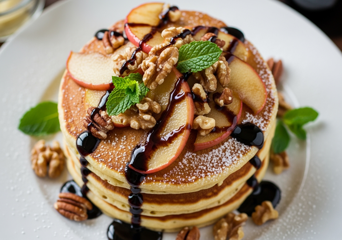 A beautifully plated stack of three fluffy, golden-brown pancakes sits elegantly on a clean white ceramic plate. The pancakes have a perfect golden color with visible texture showing their light, airy consistency.