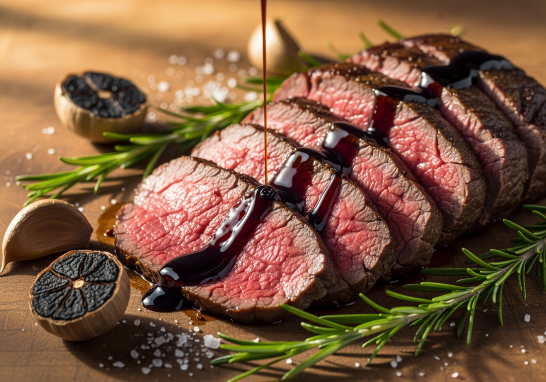 Perfectly seared beef steak sliced and drizzled with dark Sticky Balsamic Black Garlic, garnished with fresh rosemary sprigs on a wooden cutting board with sea salt crystals