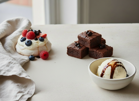 Pavlova, brownie bites and vanilla gelato topped with Sticky Balsamic pearls and balsamic drizzle.