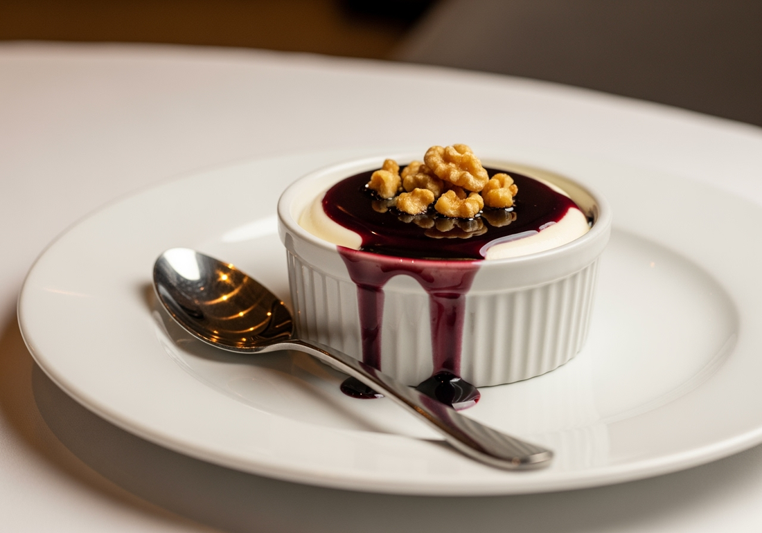Elegant white panna cotta dessert with glossy dark purple Sticky Balsamic Premium Fig glaze drizzled on top and golden candied walnut pieces, served in a white ramekin on a ceramic plate with silver spoon