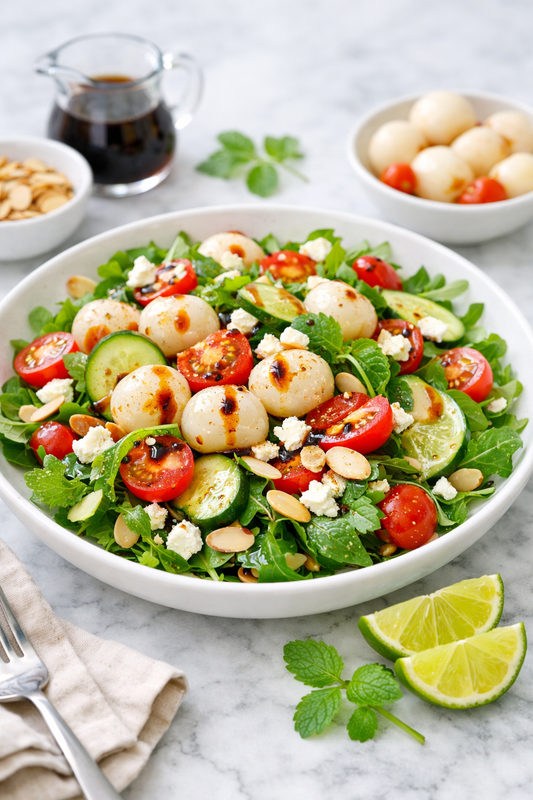 Bright and fresh Sticky Balsamic Lychee Summer Salad with mixed greens, lychees, cherry tomatoes, cucumber, feta cheese, toasted almonds, and balsamic dressing served in a white bowl.