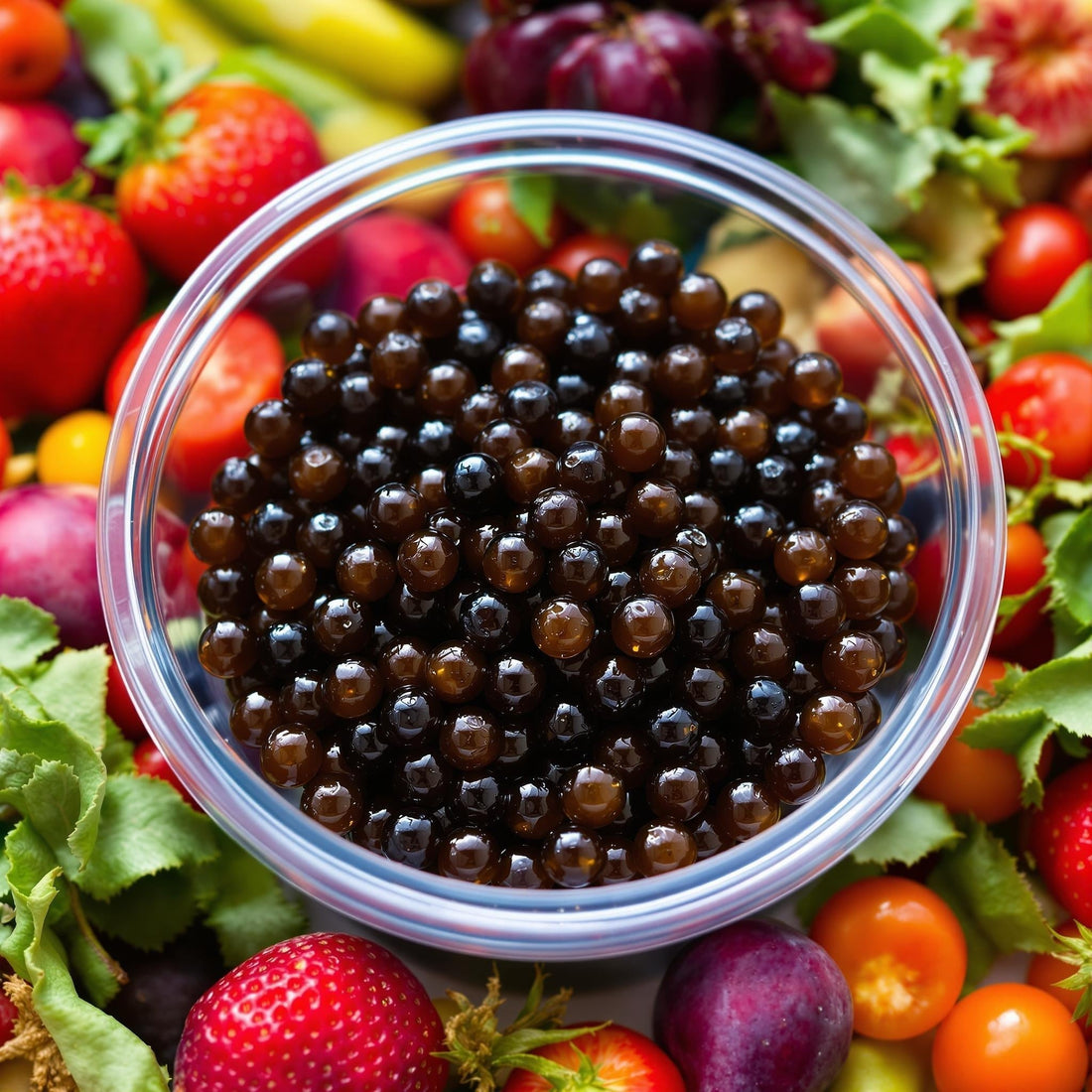 Sticky Balsamic Original flavour pearls in glass bowl surrounded by fresh strawberries and mixed fruit showcasing molecular gastronomy innovation