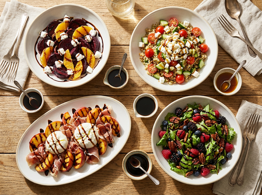 A vibrant, gourmet spread of assorted fresh salads, each beautifully presented in bowls and platters, featuring colorful ingredients like greens, tomatoes, citrus, grains, cheese, and nuts. 