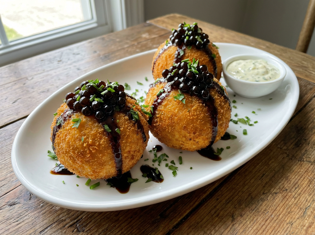 Golden arancini topped with glossy, medium-sized Sticky Balsamic Truffle Pearls and a balsamic drizzle, served with herbs and dipping sauce.