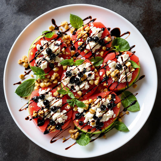 Sliced watermelon topped with crumbled goat cheese, walnuts, fresh basil, and Sticky Balsamic Premium Original Pearls drizzled with balsamic glaze on white plate