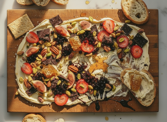 Overhead sweet and salty butter board with whipped butter, strawberries, figs, dark chocolate, pistachios, honeycomb, and Sticky Balsamic Pearls with glossy balsamic drips.