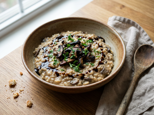 A rustic ceramic bowl of creamy mushroom risotto topped with sautéed wild mushrooms, fresh parsley, and a natural drizzle of Sticky Balsamic Premium Truffle Balsamic Vinegar.