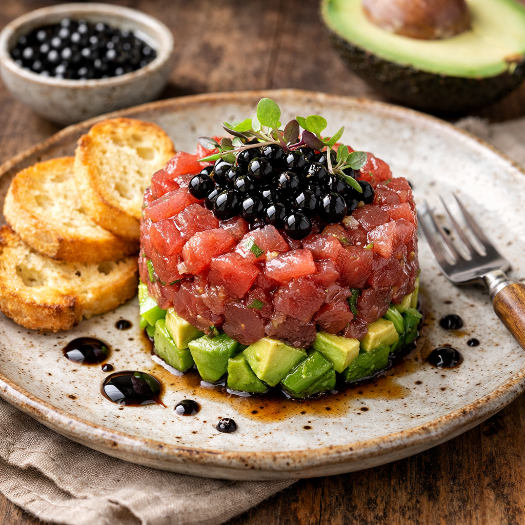 A rustic plate of tuna tartare layered over diced avocado, topped with Sticky Balsamic Pearls and microherbs, served with crostini on a wooden table.