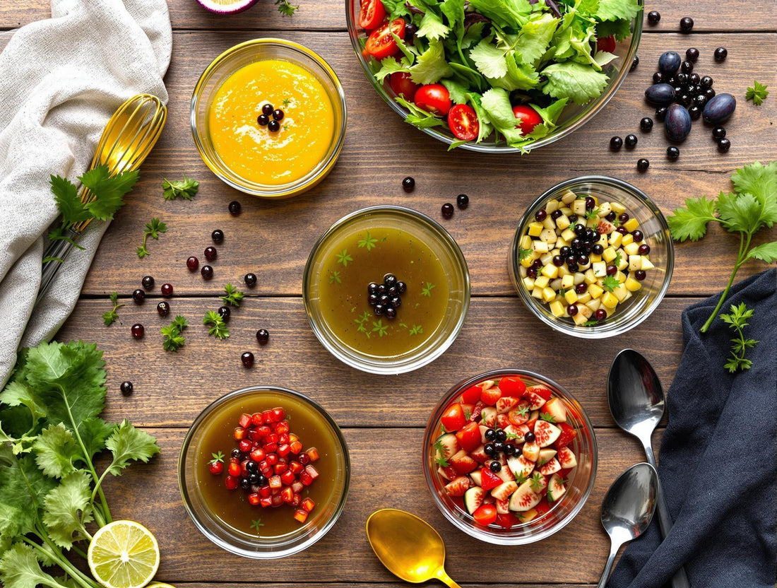 Ultimate vinaigrette guide featuring Sticky Balsamic pearls and premium balsamic vinegars with fresh salad ingredients and molecular gastronomy elements