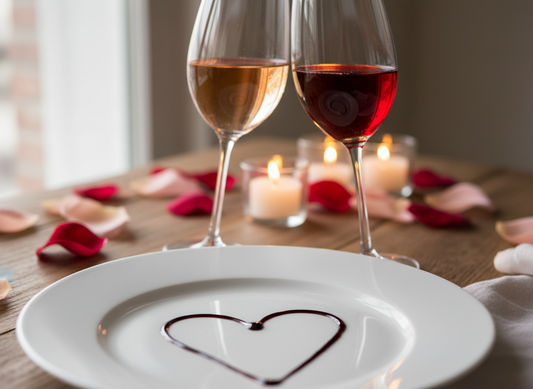 Ultra-realistic photograph of two wine glasses clinking in a toast, with a white plate featuring only a heart-shaped balsamic drizzle, surrounded by rose petals and candlelight for a romantic Valentine’s Day setting.