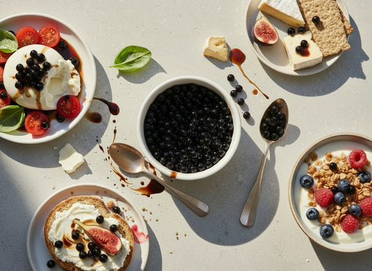 Overhead spread featuring balsamic pearls with burrata, crostini, figs, cheese, crackers, and yogurt bowls, illustrating simple beginner‑friendly ways to use balsamic pearls in sweet and savoury dishes.
