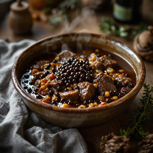 Rich winter beef stew in rustic ceramic bowl topped with black truffle balsamic pearls, featuring tender beef chunks and vegetables in dark gravy