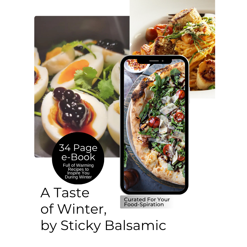 Winter warming food-spiration e-book cover with pizza and 34 page text
