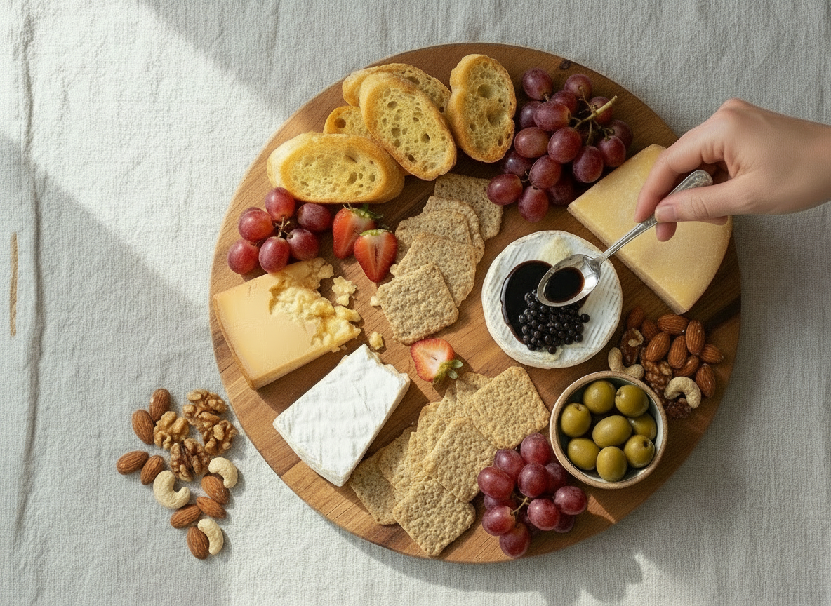 Sticky balsamic pearl starter collection on a round board with bread, cheese, grapes, olives.