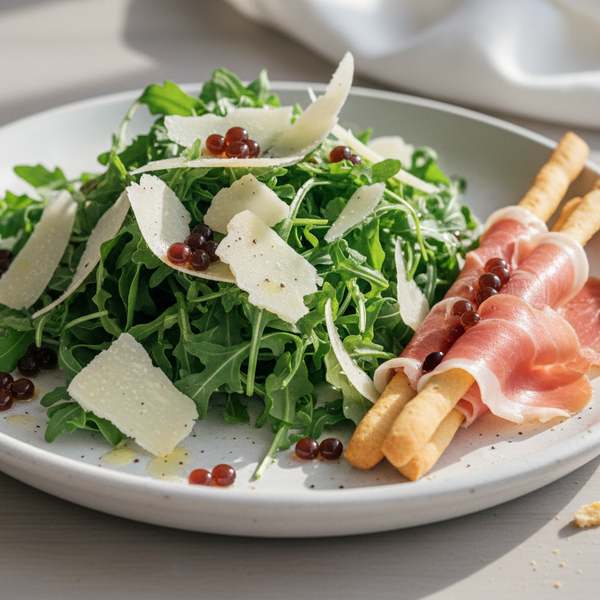 Peppery arugula topped with shaved parmesan on a platter with prosciutto-wrapped breadsticks, garnished with glossy brown-burgundy Pomegranate Balsamic Pearls.