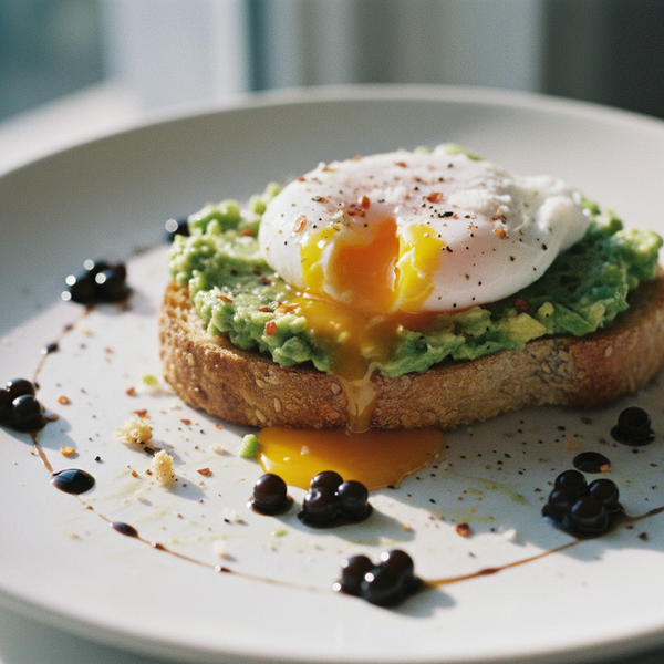 avocado toast on sourdough with a runny poached egg, chilli flakes and glossy Lemon Balsamic Pearls with dark balsamic liquid drizzled around them.