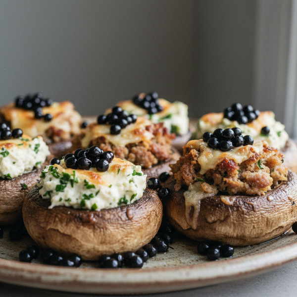 Golden baked stuffed mushroom caps filled with herbed cream cheese and sausage stuffing, garnished with glossy black Truffle Balsamic Pearls.