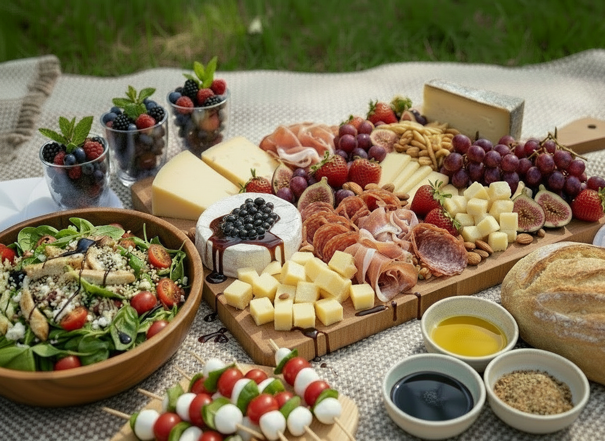Sticky balsamic pearl starter collection on a picnic board with cheeses, fruit, and bread.