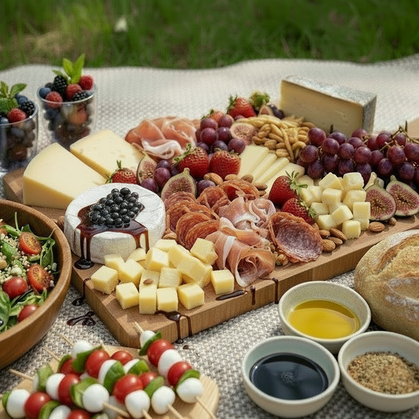 Cheese and charcuterie board featuring balsamic pearls as well as balsamic. Set on a picnic rug and with wooden boards.