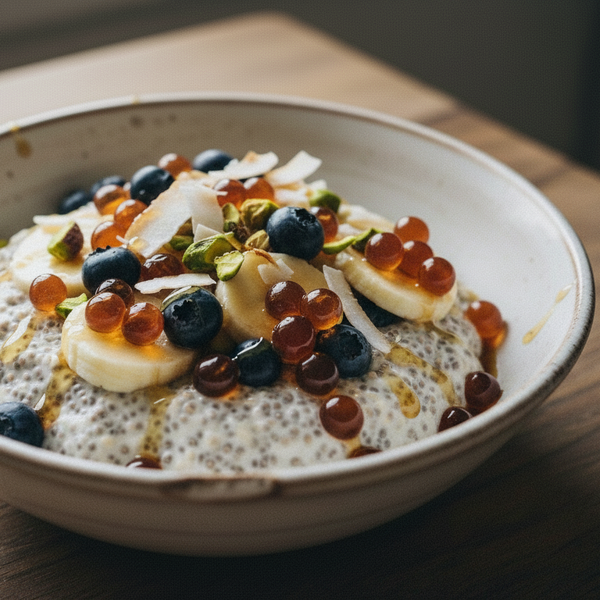 chia pudding breakfast bowl with banana, blueberries, coconut and pistachios, topped with glossy amber Quince Balsamic Pearls
