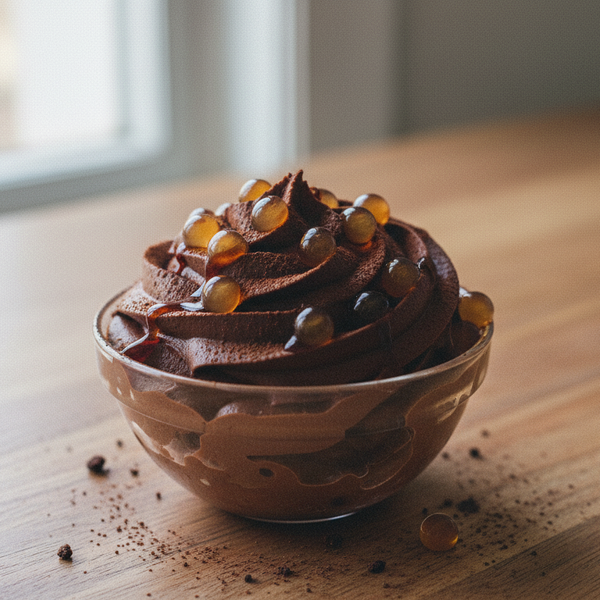 chocolate mousse topped with Sticky Balsamic Premium Pomegranate Pearls in a glass bowl