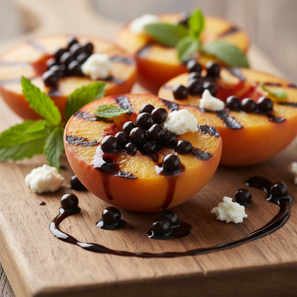 Grapefruit halves topped with black balsamic pearls and crumbled cheese on a board