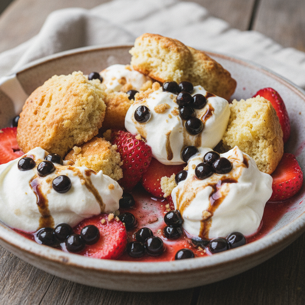 layers of broken biscuits, whipped cream and fresh strawberries with glossy dark Original Balsamic Pearls nestled into the cream and berries, with a little balsamic liquid.