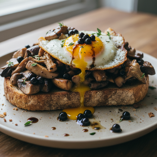 Mushroom toast with fried egg and Truffle Balsamic Pearls