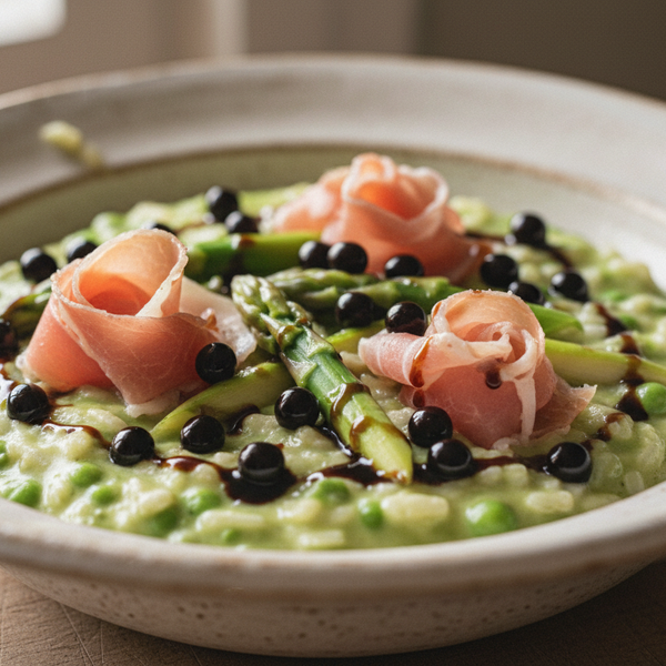creamy pea risotto topped with prosciutto ribbons and asparagus