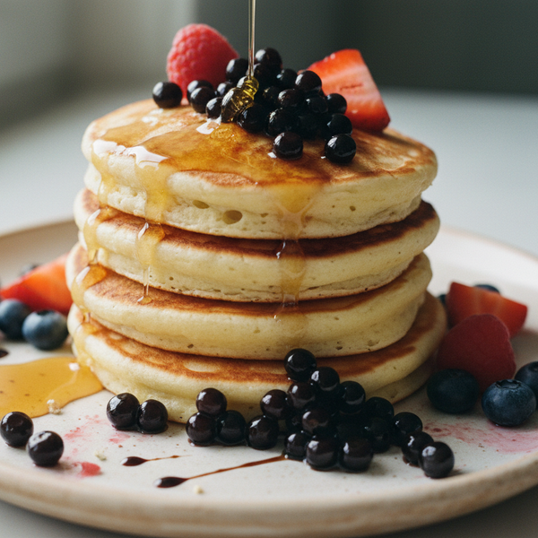 ricotta pancake stack with honey and fresh berries, topped with near-black glossy Fig Balsamic Pearls and dark syrupy liquid drizzled around the pearls.