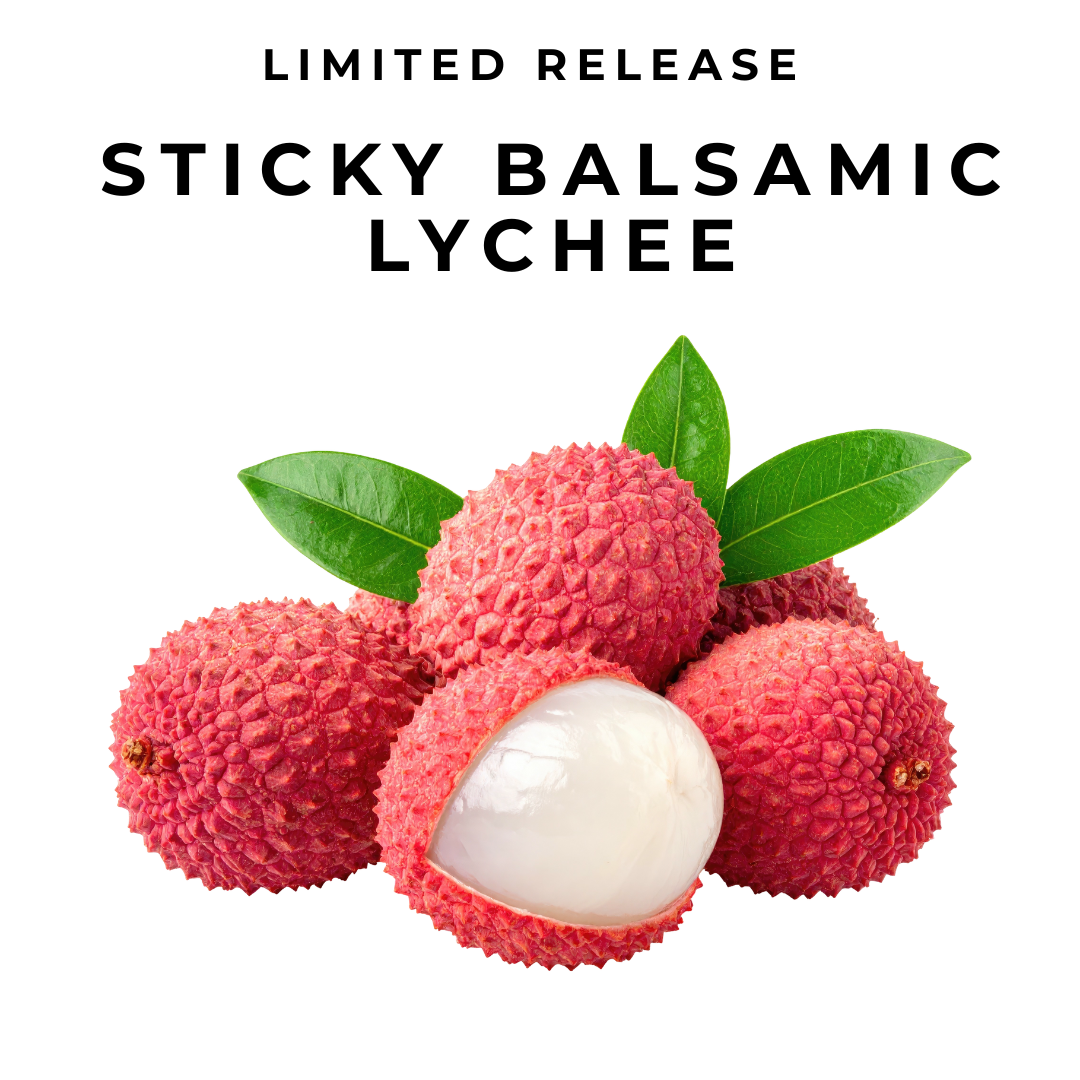 Sticky balsamic lychee: red lychee fruits with green leaves and white flesh slice
