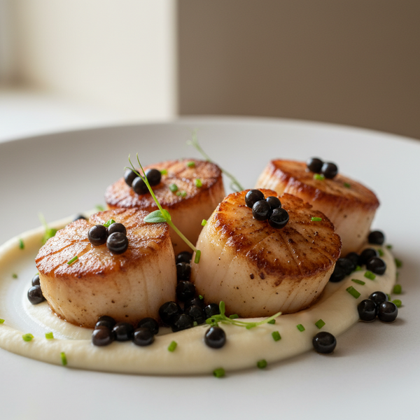Four golden seared scallops on a swoosh of creamy cauliflower purée, topped with glossy black Lemon Balsamic Pearls and microgreens on a white plate.