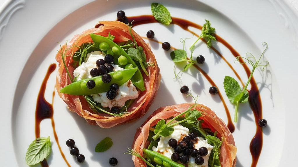Prosciutto rolls with goat cheese, peas, and balsamic pearls on a white plate