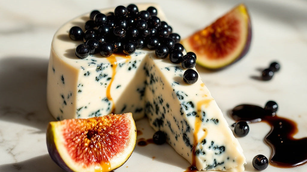 Balsamic pearls topping on blue cheese wedge, with fig slices and dark berries