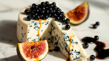 Balsamic pearls topping on blue cheese wedge, with fig slices and dark berries
