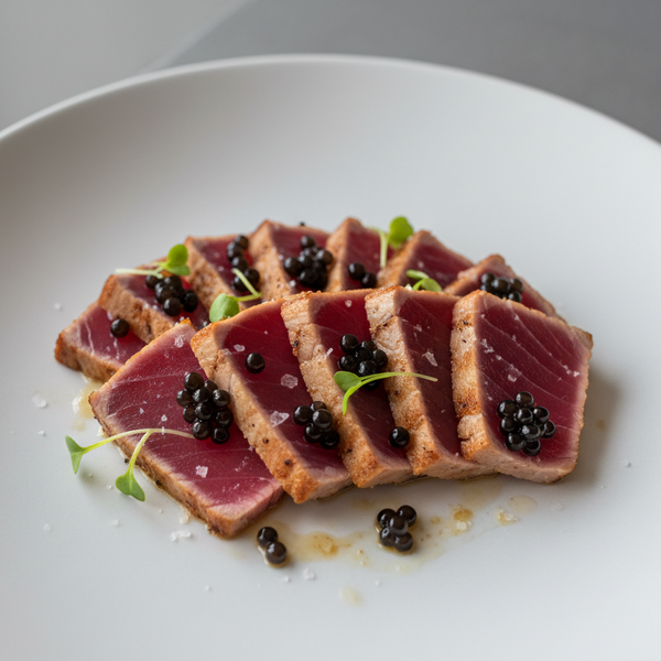 Thin slices of rare seared ahi tuna with clean edges and a ruby-red center, topped with glossy black Lemon Balsamic Pearls and microgreens on a white plate.