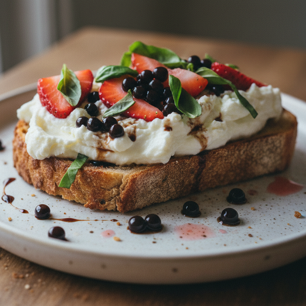 Messy toasted bread with whipped ricotta, sliced strawberries and fresh basil, topped with glossy dark Original Balsamic Pearls and a little balsamic liquid.