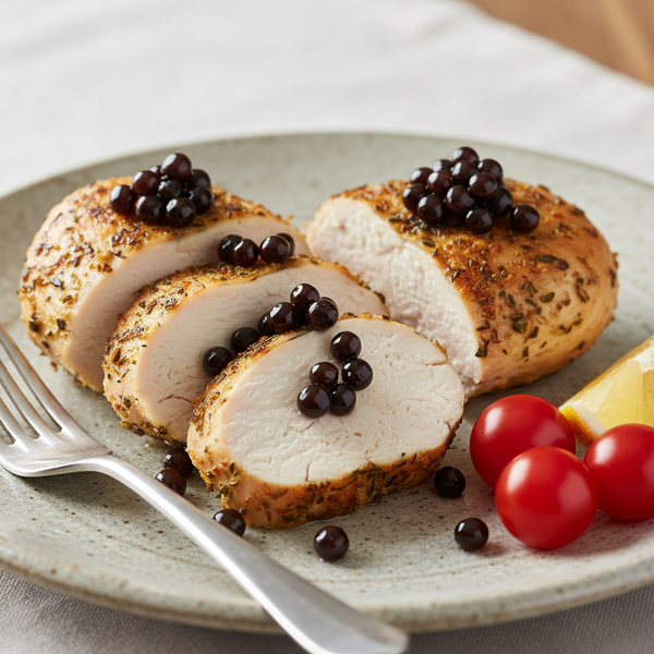 Short, medallion-style slices of herb-roasted chicken breast on a platter, topped with glossy Fig Balsamic Pearls and fresh herbs.